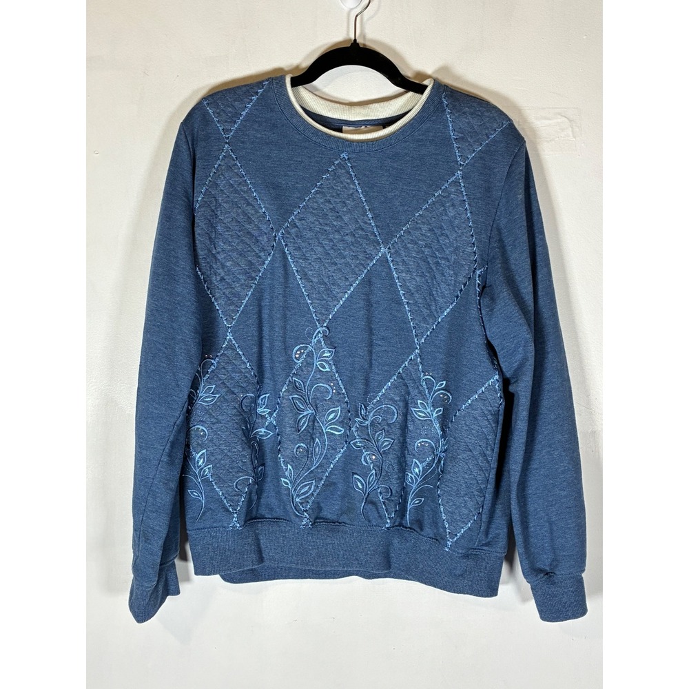 Alfred Dunner Medium Blue Embroidered Argyle Sweatshirt Grandmacore Floral